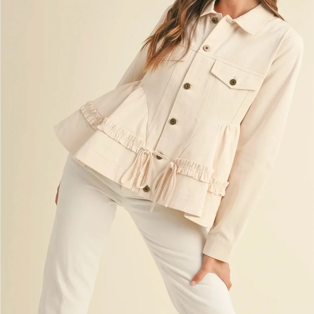 Utility Ruffle Drawstring Jacket - Cream - Picture 1 of 6